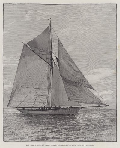 American Yacht Volunteer, zbudowany, aby konkurować z Thistle o Puchar Ameryki (grawerowanie) autorstwa English School
