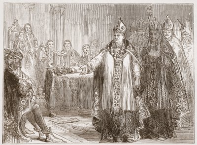Arcybiskupi Yorku i Canterbury przed Parlamentem w Opactwie Westminsterskim, ilustracja z Historii protestantyzmu Jamesa Aitkena Wylie (1808-1890), wyd. 1878 autorstwa English School