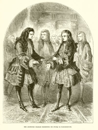 Arcyksiążę Karol przedstawiający swój miecz Marlborough autorstwa English School