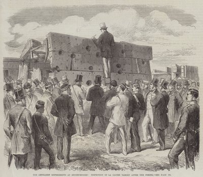 Eksperymenty artyleryjskie w Shoeburyness, inspekcja tarczy La Gloire po wystrzeleniu (rytowanie) autorstwa English School