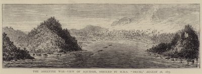 Wojna o Ashantee, Widok Aquidah, ostrzeliwana przez HMS „Druid”, 28 sierpnia 1873 (rycina) autorstwa English School