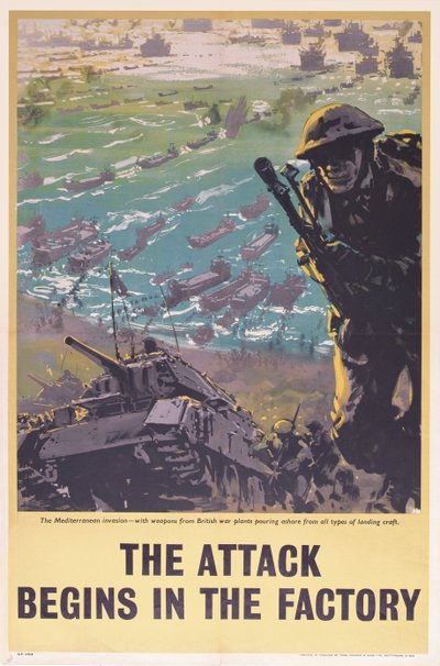 Atak rozpoczyna się w fabryce, plakat II wojny światowej, 1943 autorstwa English School