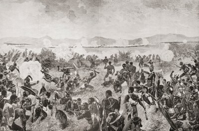 Bitwa pod Ulundi w 1879 r., ukazująca ostateczny atak Zulusów i plac brytyjski w oddali, z książki „Afryka Południowa i wojna transwalska: tom. 1