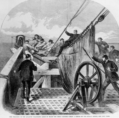 Przerwanie atlantyckiego kabla telegraficznego na pokładzie Great Eastern, 1865 (grawerowanie) autorstwa English School