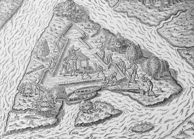 „Budynek Fort Caroline”, z „Narracyjnej i krytycznej historii Ameryki”, pod redakcją Justina Winsora, Londyn, 1886 autorstwa English School
