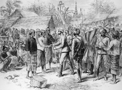 Wyprawa birmańska: wywiad generała Prendergasta z oficerami i resztkami armii birmańskiej, z „The Illustrated London News”, 3 czerwca 1886 (rycina) autorstwa English School