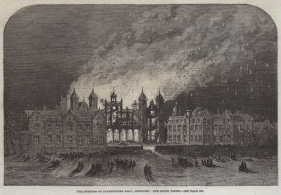 The Burning of Capesthorne Hall, Cheshire, Front South (rycina) autorstwa English School
