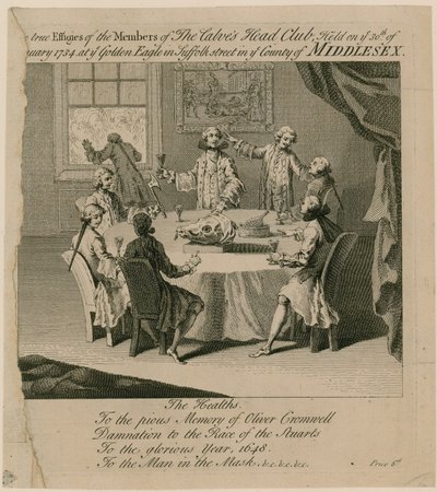 The Calves Head Club, który odbył się 30 stycznia 1734 pod Złotym Orłem na Suffolk Street autorstwa English School