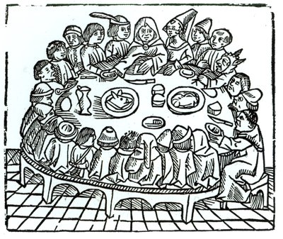Canterbury Pilgrims siedzący przy wspólnym posiłku, ilustracja z „Canterbury Tales” Geoffreya Chaucera (ok. 1345-1400), wydrukowana przez Wynkyn de Worde, ok. 1485 autorstwa English School