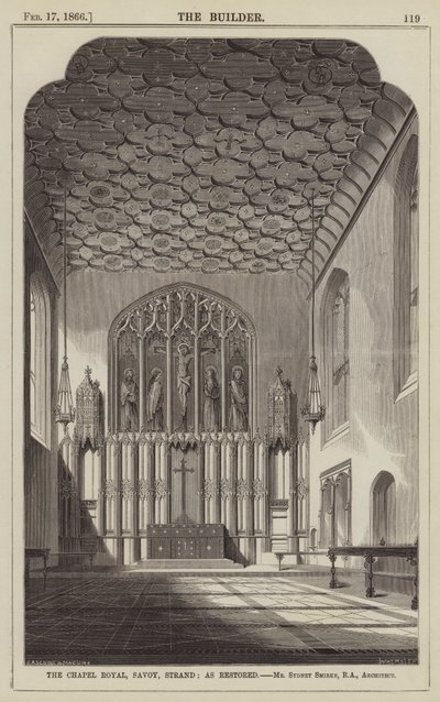 The Chapel Royal, Savoy, Strand, odrestaurowany, pan Sydney Smirke, RA, architekt (grawerowanie) autorstwa English School