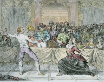 Chevalier dEon, przebrany za kobietę, w meczu szermierczym (późniejsze zabarwienie) autorstwa English School
