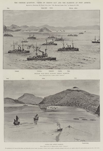 Pytanie chińskie, widoki na zatokę Chefoo i port w Port Arthur (lito) autorstwa English School