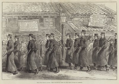 Wojna domowa w Japonii, policjant Yedo udający się do siedziby wojny w Satsuma (rycina) autorstwa English School