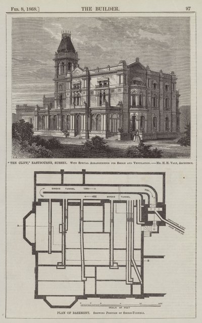 „The Cliff”, Eastbourne, Sussex, ze specjalnymi ustaleniami dotyczącymi dymu i wentylacji, pan H H Vale, architekt (grawerowanie) autorstwa English School