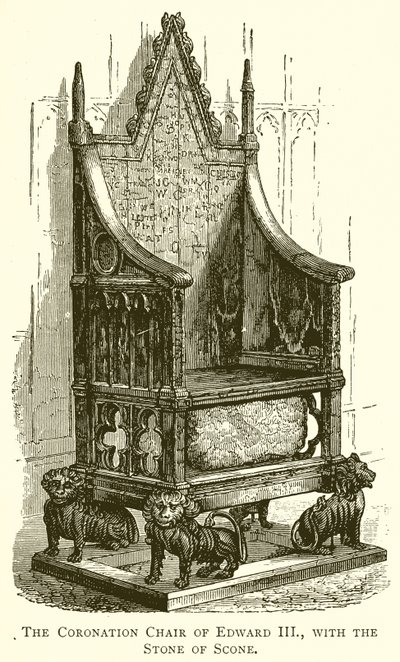 Krzesło koronacyjne Edwarda III z kamieniem Scone autorstwa English School