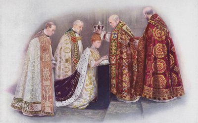Koronacja królowej przez arcybiskupa Canterbury autorstwa English School