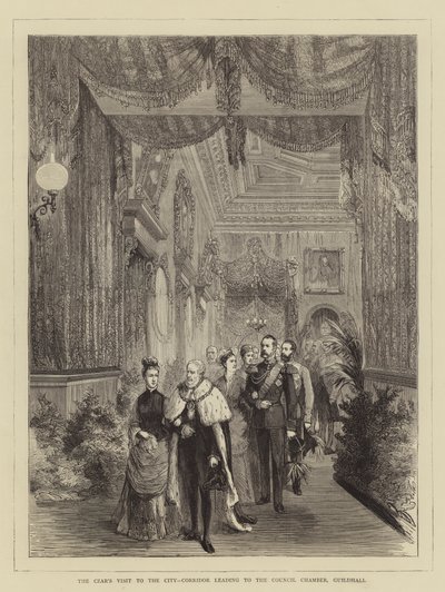 Wizyta cara w mieście, korytarz prowadzący do sali rady, Guildhall (rycina) autorstwa English School
