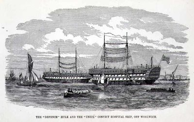 Hulk „Obrona” i statek szpitalny dla więźniów „Unite” przy Woolwich, z „The Criminal Prisons of London and Scenes of Prison Life” Henry