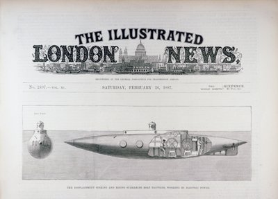 The Displacement Sinking and Rising Submarine Boat Nautilus, pracujący na energię elektryczną, z The Illustrated London News, 26 lutego 1887 autorstwa English School