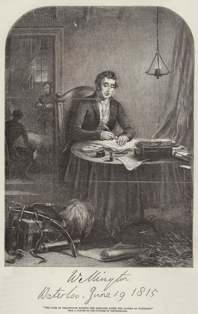 Książę Wellington piszący Depeszę po Waterloo (grawerowanie) autorstwa English School