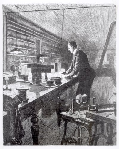 Światło elektryczne, pan Edison (1847-1931) w swoim laboratorium autorstwa English School