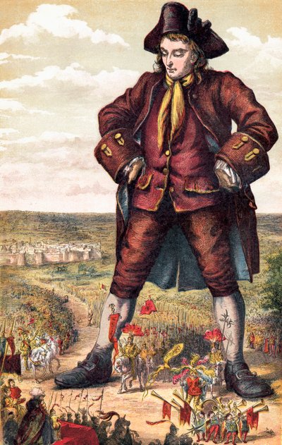 Cesarz Lilliput i jego armia maszerująca między nogami Guliwera, z „Podróży Guliwera” Jonathana Swifta, opublikowane ok. 1880 r. (litografia kolorowa) autorstwa English School