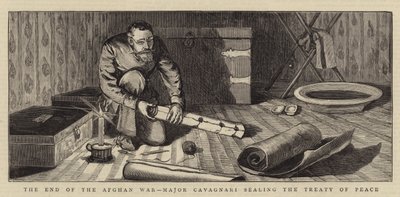 Koniec wojny afgańskiej, major Cavagnari pieczętujący traktat pokojowy (rycina) autorstwa English School