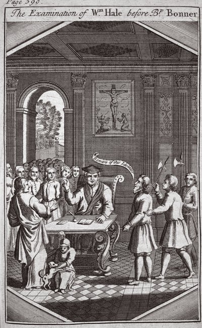 Badanie Wm Hale przed biskupem Bonnerem, ilustracja z Foxes Martyrs c.1703 autorstwa English School