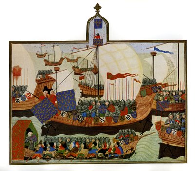 Wyprawa Francuzów i Genueńczyków do Barbarii, z "Kronik Froissarta", zilustrowanych w "Kronikarzu europejskiego rycerstwa". autorstwa English School