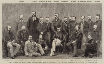 Głód w Indiach, Lord Lytton i Komisarz Mysore na posiedzeniu Rady w Bangalore autorstwa English School