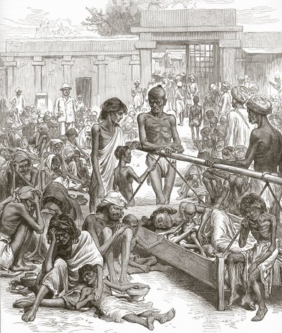 Głód w Indiach: tubylcy czekają na pomoc w Bangalore, październik 1877. autorstwa English School