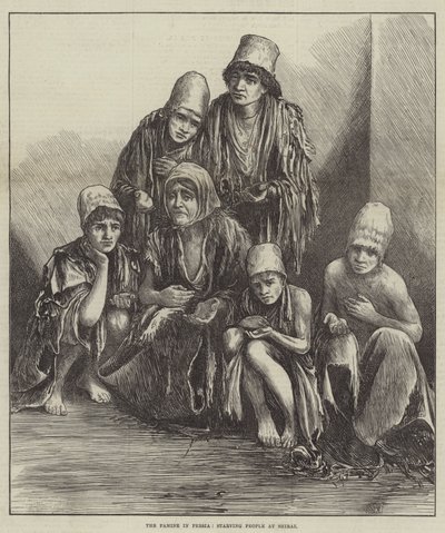 Głód w Persji, głodujący ludzie w Shiraz (rycina) autorstwa English School
