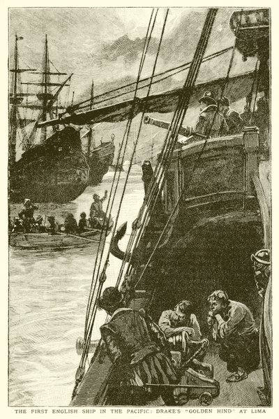 Pierwszy angielski statek na Pacyfiku: Drakes Golden Hind w Limie autorstwa English School