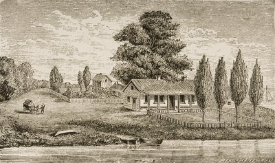 Mackinzie, Chicago, „Pierwszy dom do zbudowania”, z „American Pictures” opublikowanej przez religijne Towarzystwo Traktu, 1876 autorstwa English School