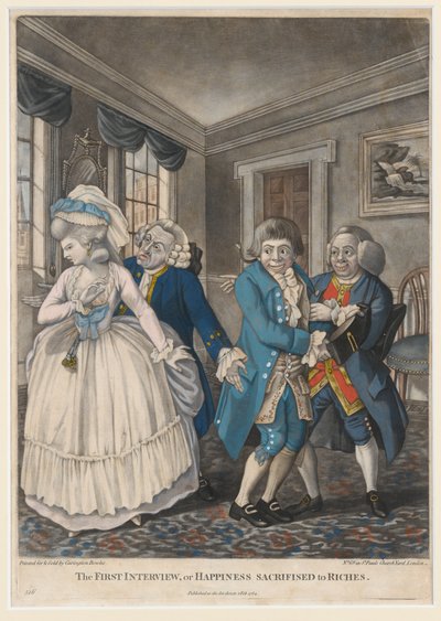 Pierwszy wywiad, czyli szczęście ofiarowane bogactwu, 1784 (ręczna mezzotinta) autorstwa English School