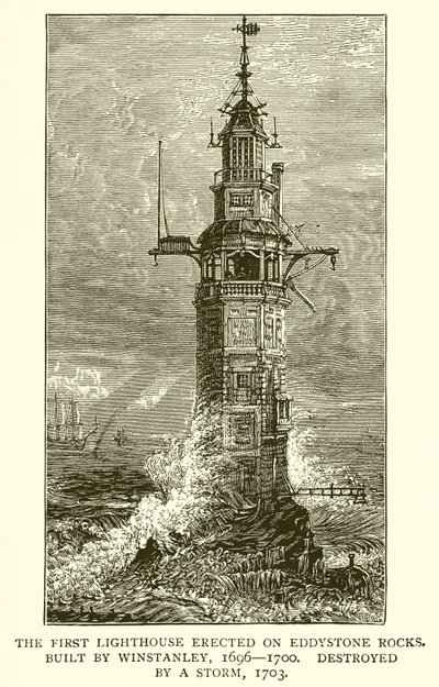 Pierwsza latarnia morska wzniesiona na skałach Eddystone. Zbudowany przez Winstanleya, 1696-1700, zniszczony przez burzę, 1703 autorstwa English School