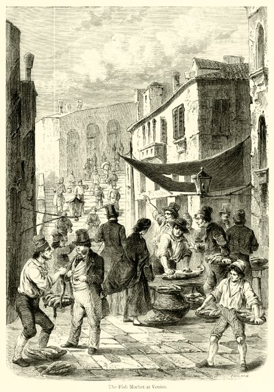 Targ Rybny w Wenecji (grawerowanie) autorstwa English School