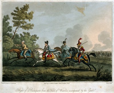 Ucieczka Bonapartego (1769-1821) z pola Waterloo w latach 1815, 1817 (akwatinta) autorstwa English School