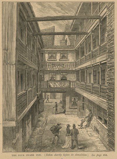 The Four Swans Inn, zrobiony na krótko przed jego wyburzeniem autorstwa English School