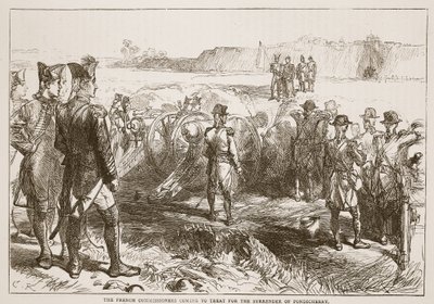 Komisarze francuscy przybywający na uroczystość kapitulacji Pondicherry, ilustracja z Cassells Illustrated History of India autorstwa Jamesa Granta, wyd. 1879 autorstwa English School