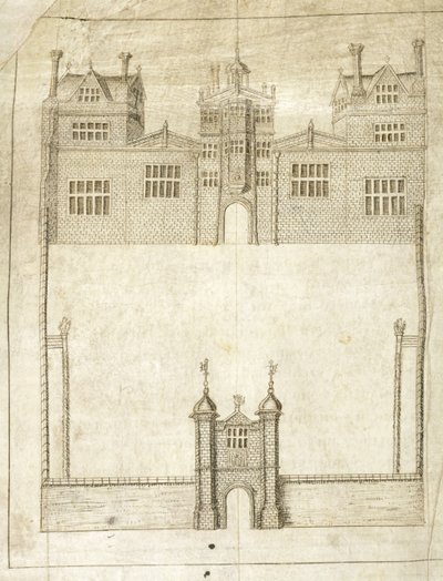 Front of Wilton House, szczegół z Survey of Lands dla 1. hrabiego Pembroke, 1566 (pióro i atrament na welinie) autorstwa English School
