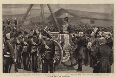 Pogrzeb zmarłego księcia Ludwika Napoleona, księcia de Bassano, umieszczającego Krzyż Legii Honorowej na palu w Woolwich (rycina) autorstwa English School