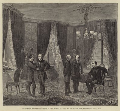 Arbitraż genewski, sala w Hotel de Beau Rivage, gdzie po raz pierwszy spotkali się Arbitrzy (rycina) autorstwa English School