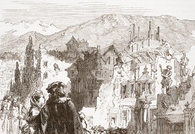 Genewowie niszczą przedmieścia swojego miasta, ilustracja z Historii protestantyzmu Jamesa Aitkena Wylie (1808-1890), wyd. 1878 autorstwa English School