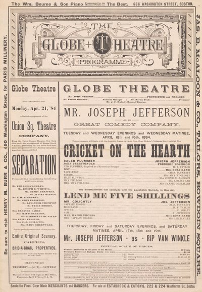 The Globe Theatre Program, 21 kwietnia 1884 autorstwa English School
