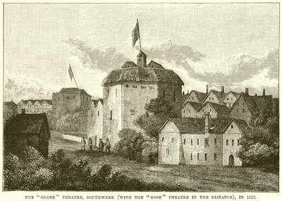 The Globe Theatre, Southwark (z teatrem Rose w oddali), w 1613 autorstwa English School