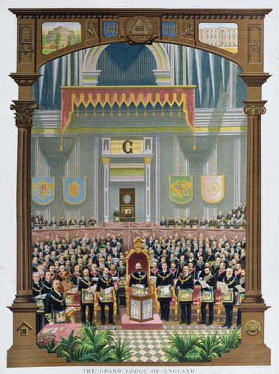 Wielka Loża Anglii głosująca na jubileuszowe przemówienie do Jej Królewskiej Mości Królowej Wiktorii w Albert Hall w Londynie, 13 czerwca 1887 r. autorstwa English School