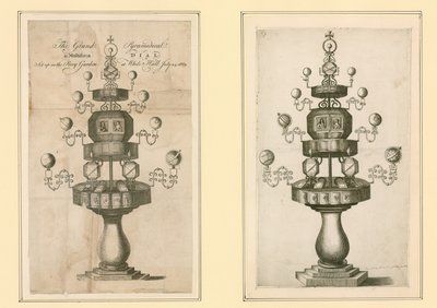 Wielka Piramida i Wielopostaciowa Tarcza ustawiona w Tajnym Ogrodzie w Whitehall, 24 lipca 1669 r. autorstwa English School