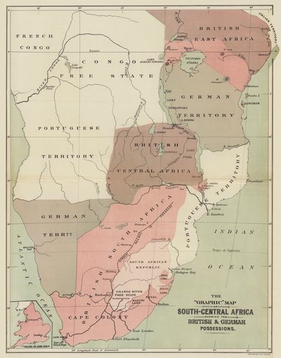 Mapa graficzna Afryki Południowo-Środkowej ukazująca posiadłości brytyjskie i niemieckie (litografia kolorowa) autorstwa English School