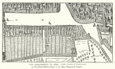 Grassmarket w 1646 r. (rycina) autorstwa English School